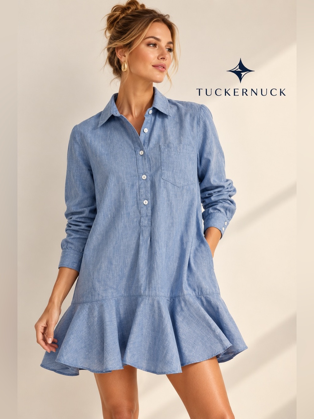 Tuckernuck Light Blue Chambray Button-Front Ruffle-Hem Dress
